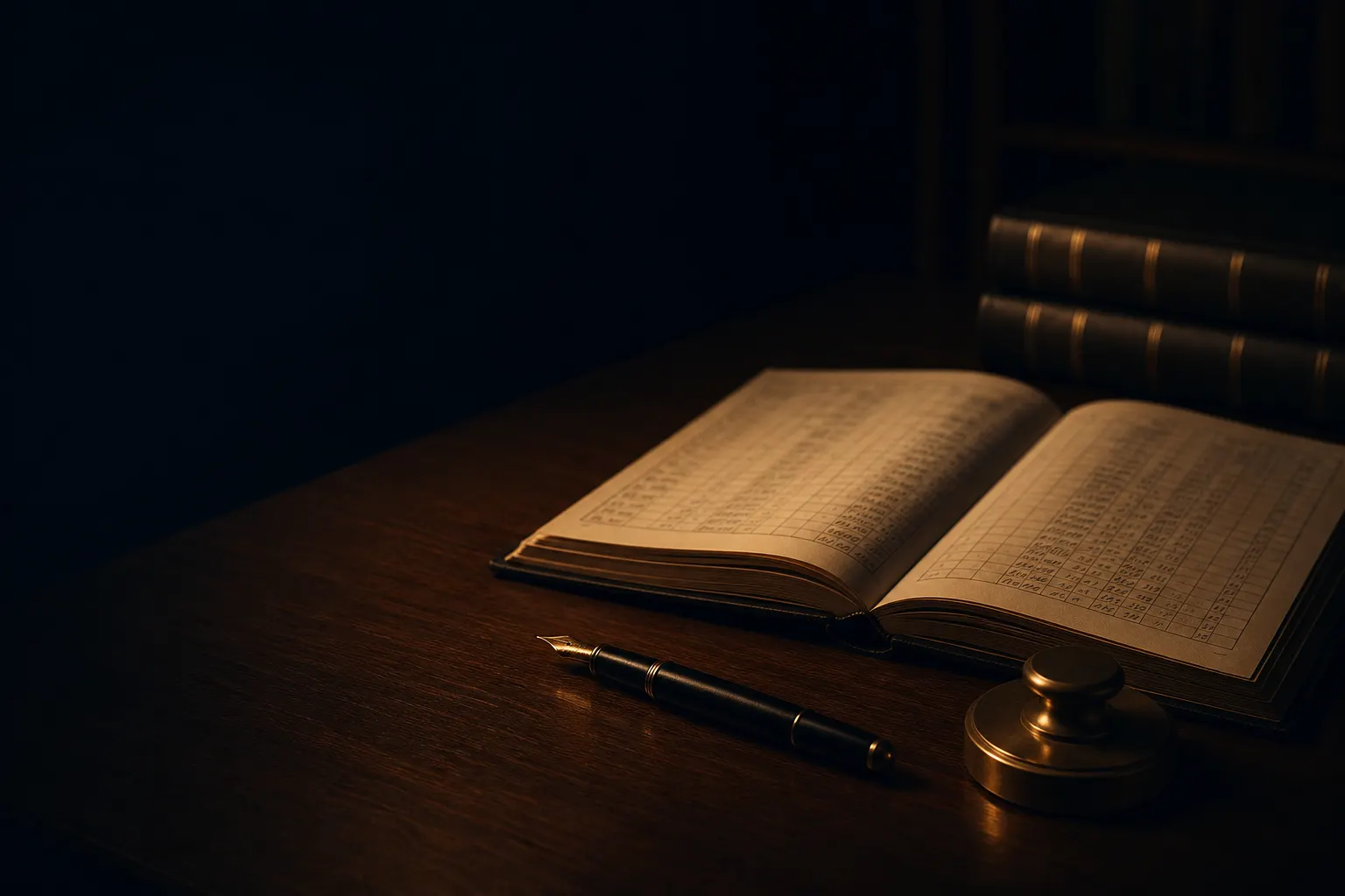 Livro-razão aberto, caneta e peso de latão sob luz dourada