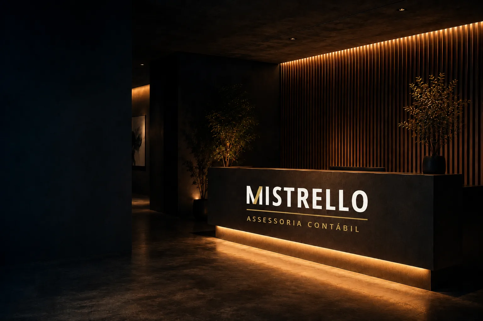 Recepção do escritório com a marca Mistrello em parede clara