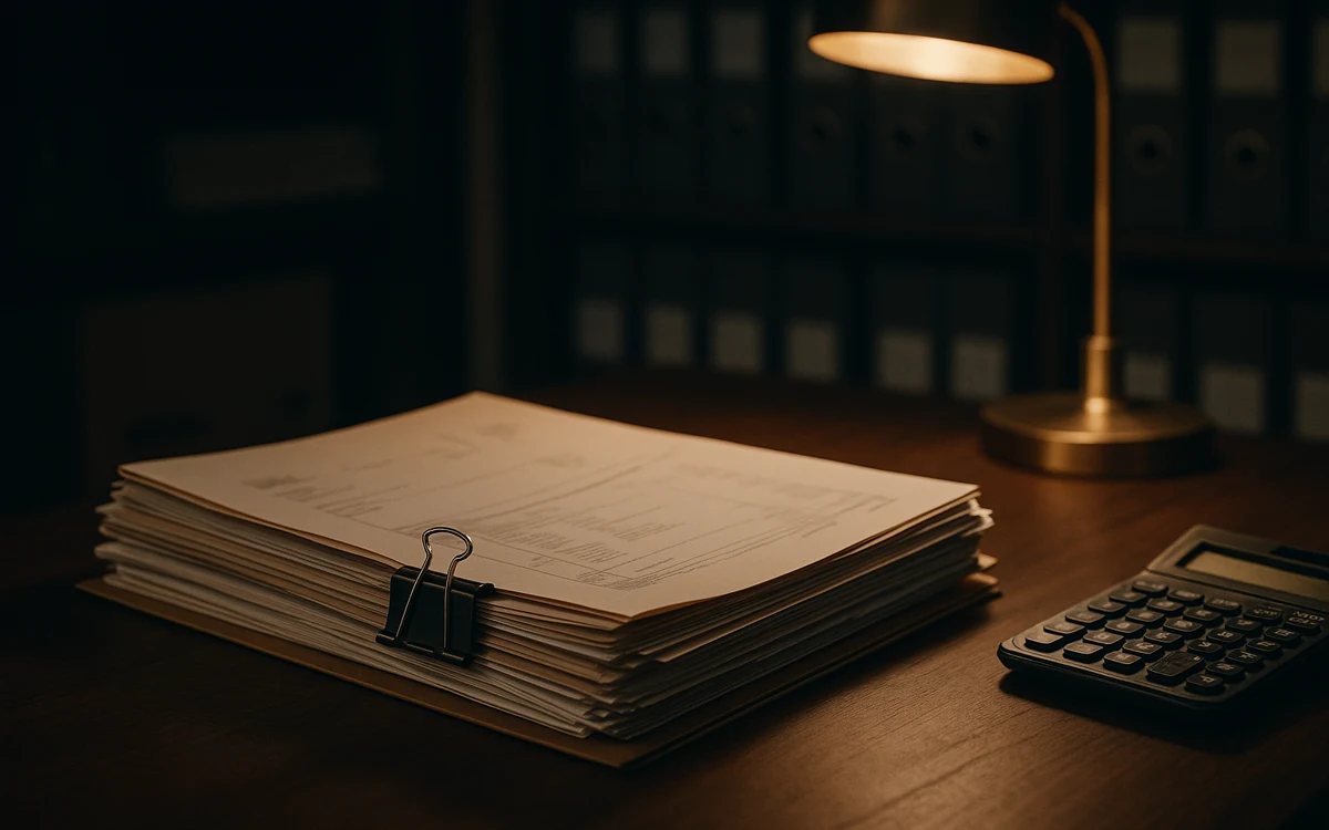 Pilha de notas fiscais com clipe e calculadora sob uma luminária - revisão de créditos tributários.