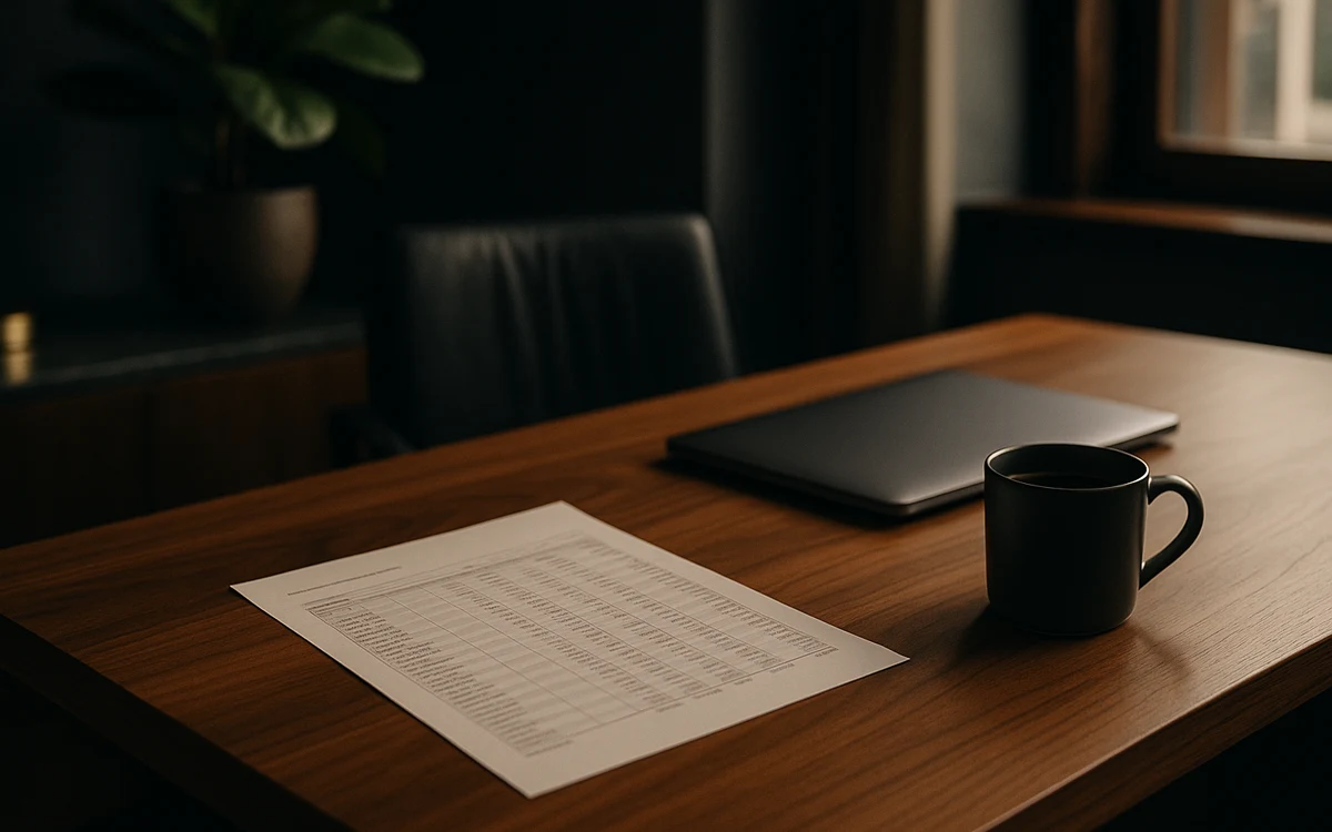 Mesa de um escritório de serviços com folha de cálculo impressa, notebook e café.